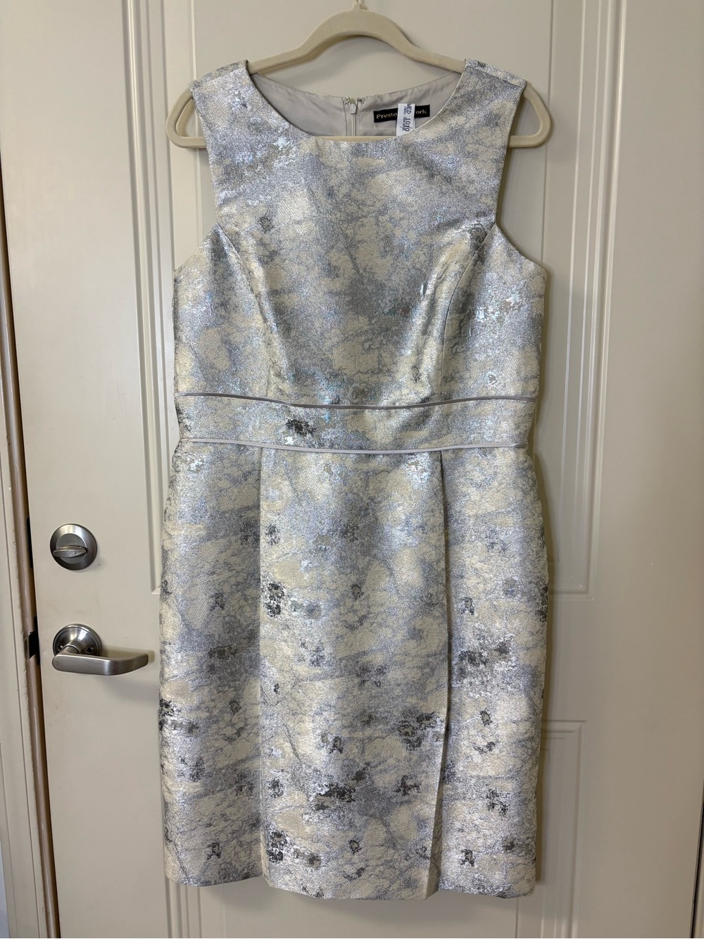 Preston & York Silver and Ivory Metallic Jacquard Midi Dress SZ 12 EUC $169